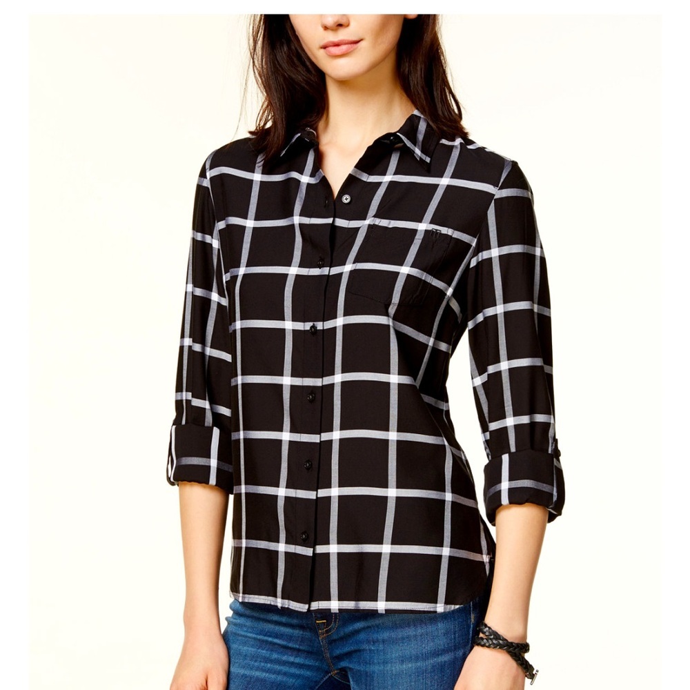 Tommy Hilfiger shirt - black/white windowpane plaid button front long sleeve